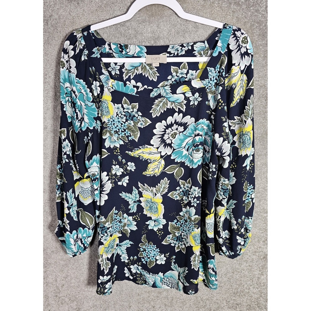 LOFT Semi Sheer Floral Top Women Size Large Square Neck 3/4 Sleeve‎ Blue Teal